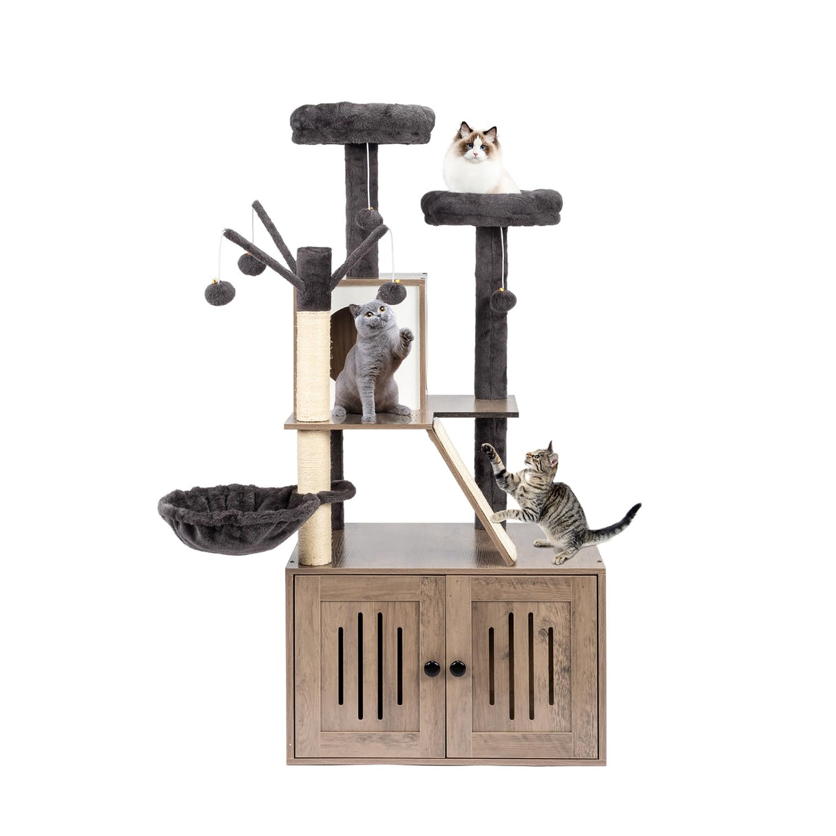 Bonnlo Large Cat Tree with Litter Box, All-in-1 Wooden Cat Tower, 53“ Height Houses for Indoor Cats, Kittens Condo wih Scratching Posts, Hidden Cat Washroom Furniture Bonnlo