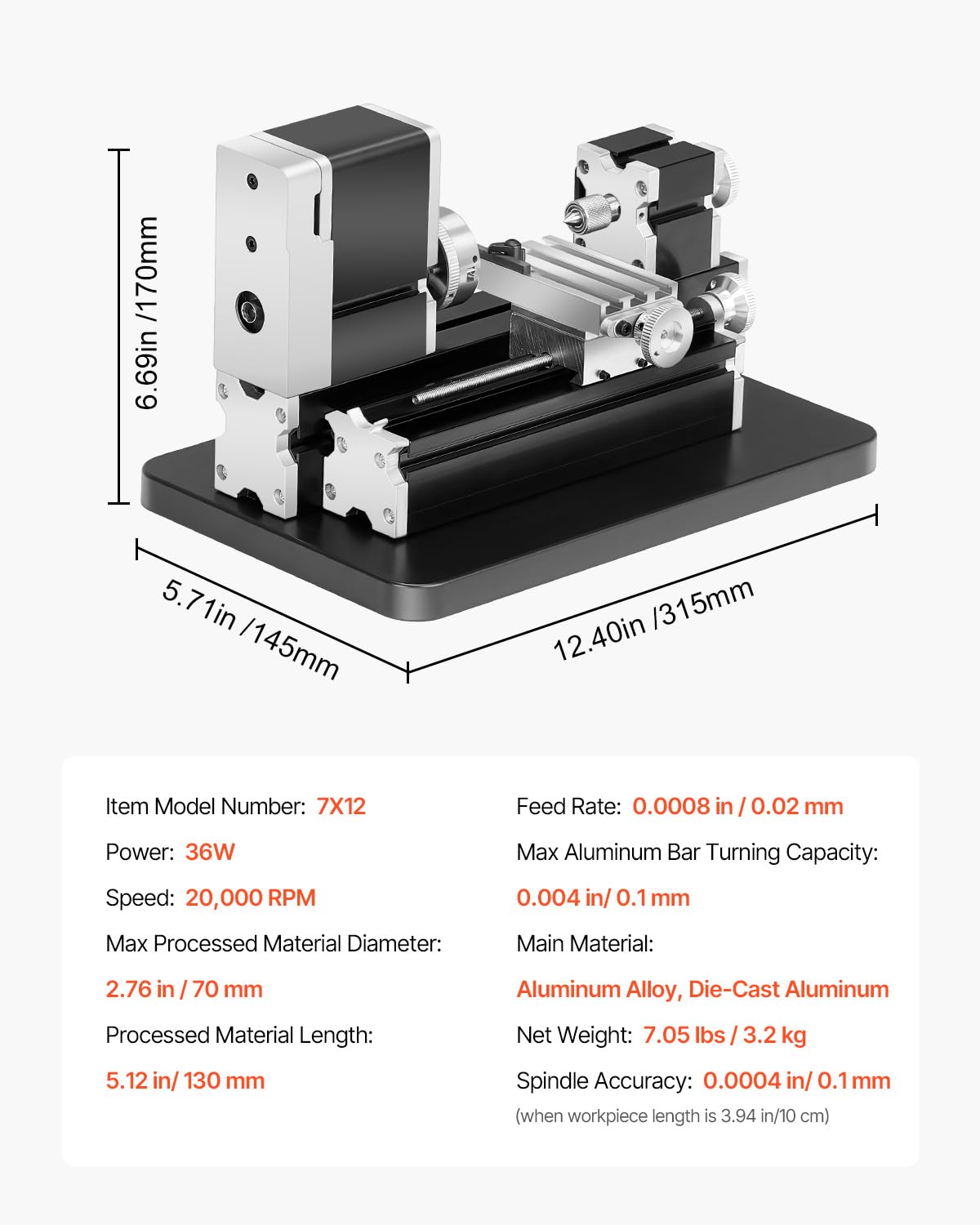 VEVOR Didactical Mini Metal Lathe Machine, 2.76 x 5.12 in, 36W Power Metal Lathe, 20,000 RPM Speed, with 3-jaw Chuck, Aluminum Alloy Handwheel, for Processing Precision Parts Soft Metals Wood Plastics VEVOR