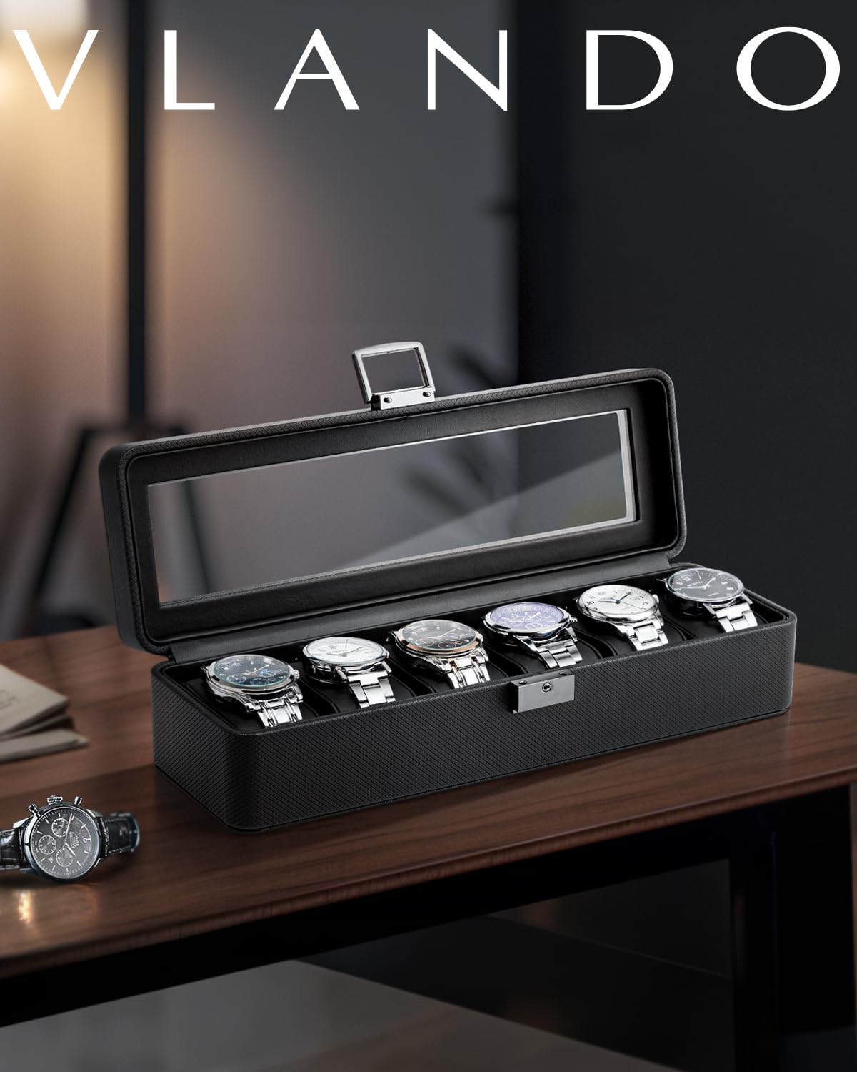 Vlando Watch Case for Fathers Day Gifts, 6-Slot Watch Box for Men with Glass Lid, Lockable, Business Textured Leather, Soft Pillow, Gifts for Dad, Husband, Friends - Black Vlando