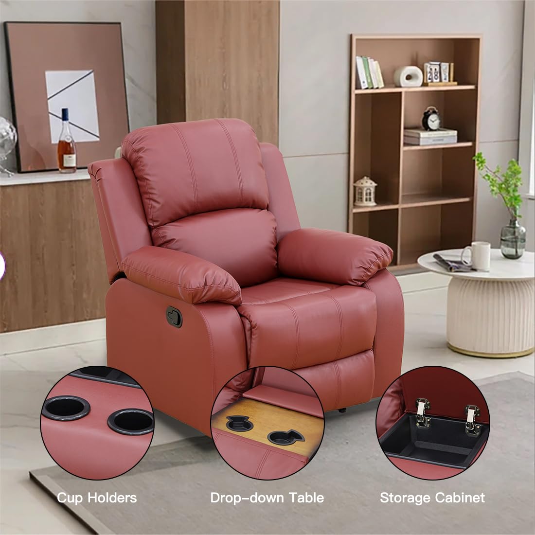 Toseslo Manual Recliner Chair Set, Living Room Furniture Sets with Adjustable Footrests, Modern Single Reclining Sofa Chair, Leather Reclining Couches, Recliner Furniture for RV/Apartment(red) Toseslo