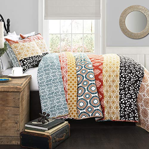 Lush Decor Bohemian Stripe Reversible Cotton Quilt Set, 3 Piece Set, King, Turquoise & Orange - Striped Bedding Set - Blue Quilt King Size - Boho Decor Lush Decor