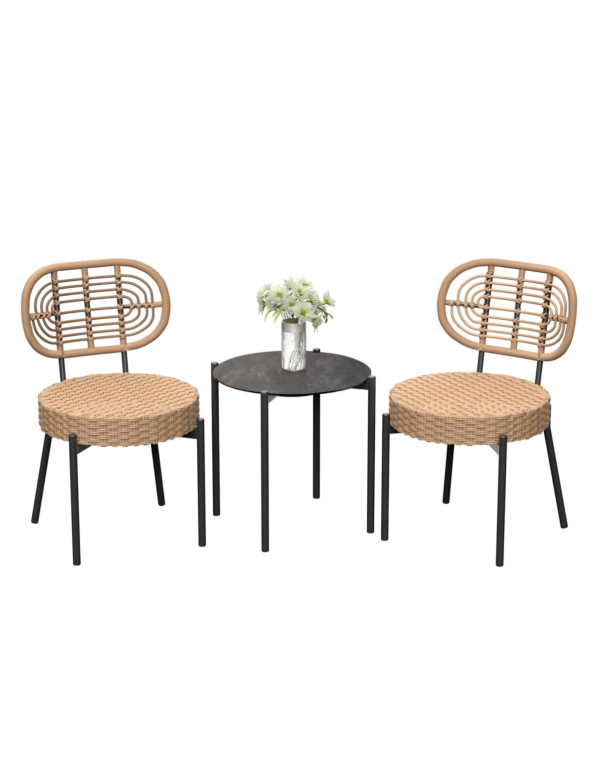 GarveeLife 3 Piece Wicker Patio Bistro Furniture Set, Outdoor Dining Chairs, Includes 2 Rattan Chairs and Tempered Glass Table, for Garden, Backyard, Balcony, Apartment (Black & Brown) GarveeLife