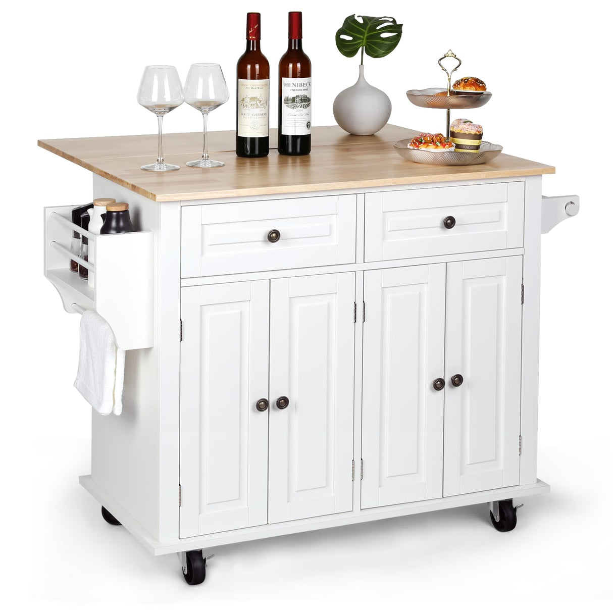 VOWNER 43" Kitchen Island with Drop Leaf, Island Table Kitchen with Storage, Solid Wood Countertop Rolling Kitchen Cart for Kitchen, Living Room VOWNER