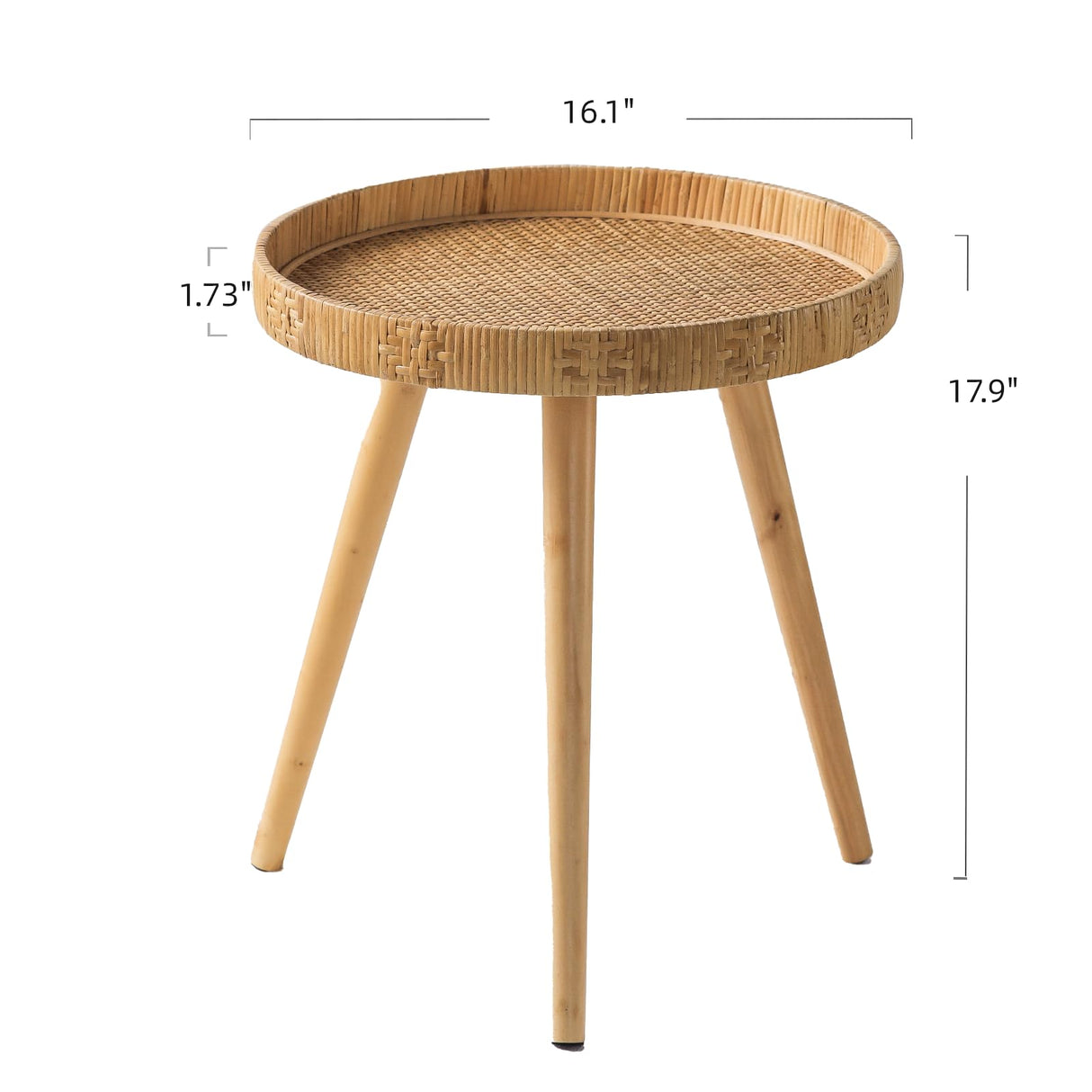 HuiDao Round Side Table, Boho Circle End Table Coffee Table with Solid Wood Leg, Rattan Side Tables Living Room for Small Spaces, Bedroom, Corners