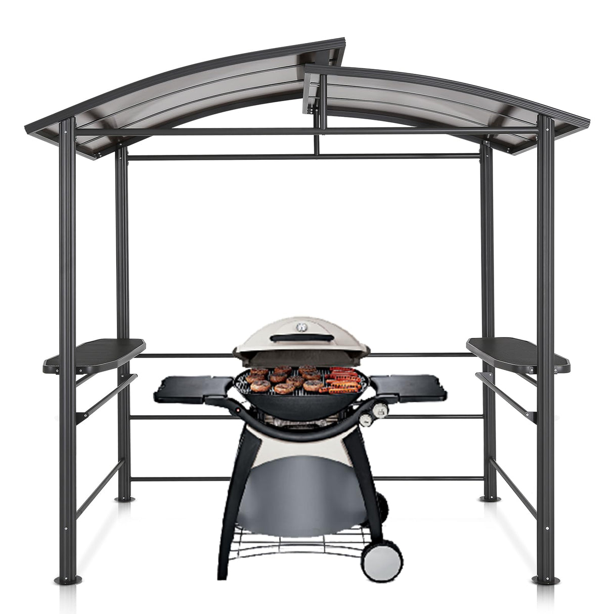 COOS BAY 8x5 Barbeque Grill Gazebo Outdoor BBQ Gazebo Canopy, Steel Frame Double-Tier Polycarbonate Top Canopy with Shelves Serving Tables COOS BAY