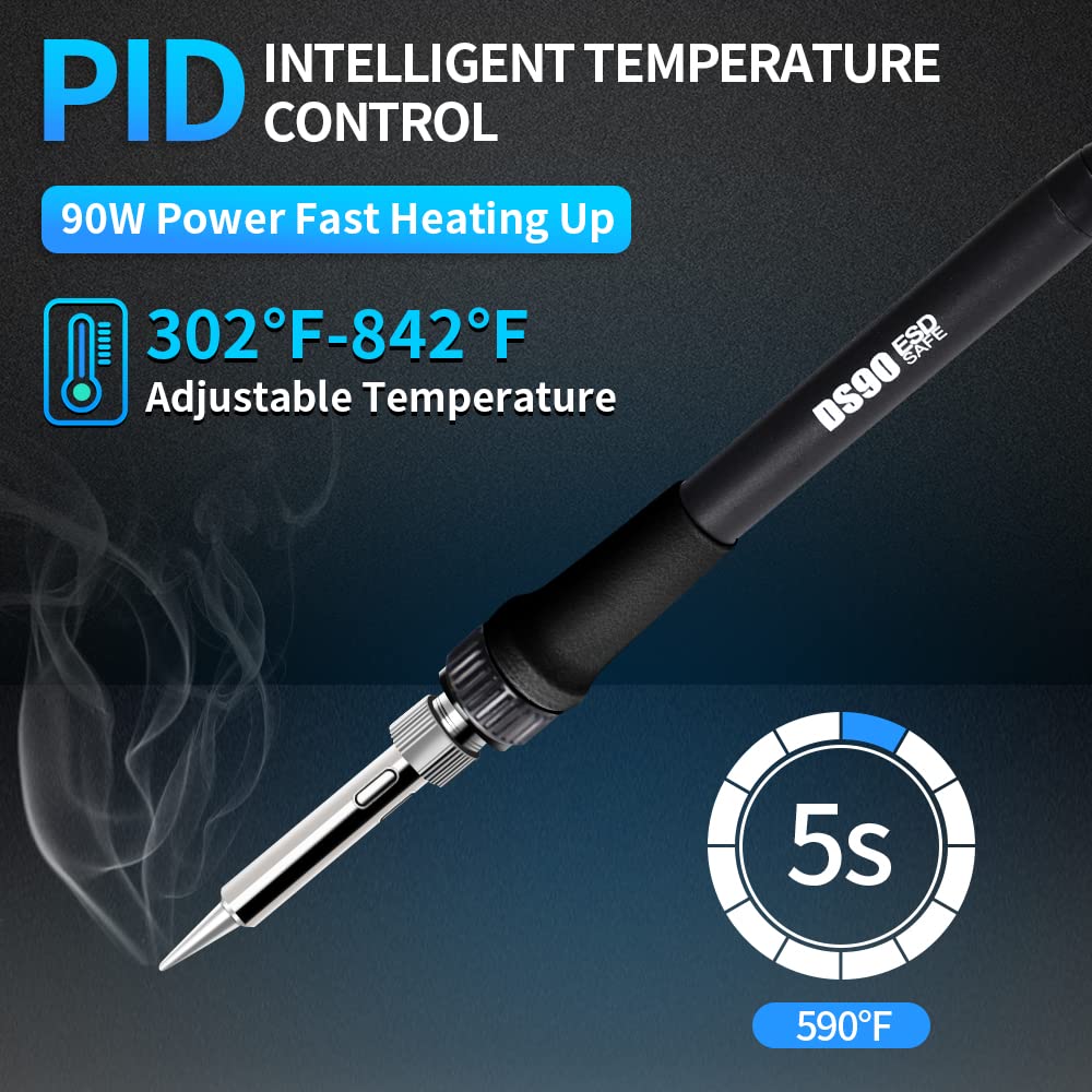 TOAUTO DS90 Soldering Station-°F & °C Dual Digital Display Soldering Iron Station Kit,90W Soldering Iron,302℉- 842℉ Temperature, Anti-Static & Grounding Wire, Auto Standby & Sleep,5 Solder Tips, Blue TOAUTO