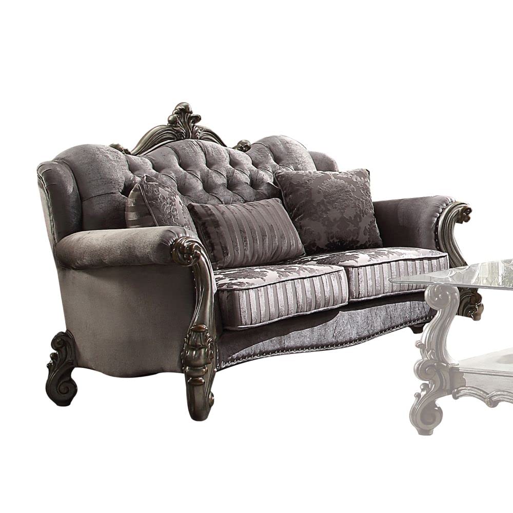 Acme Versailles Loveseat w/3 Pillows, Velvet & Antique Platinum Acme