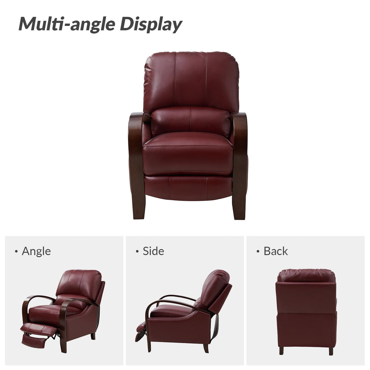 HULALA HOME Genuine Leather Manual Recliner with Wood Feet & Armrest, Mid-Century Modern Push Back Reclining Chair for Living Room Bedroom, Burgury HULALA HOME