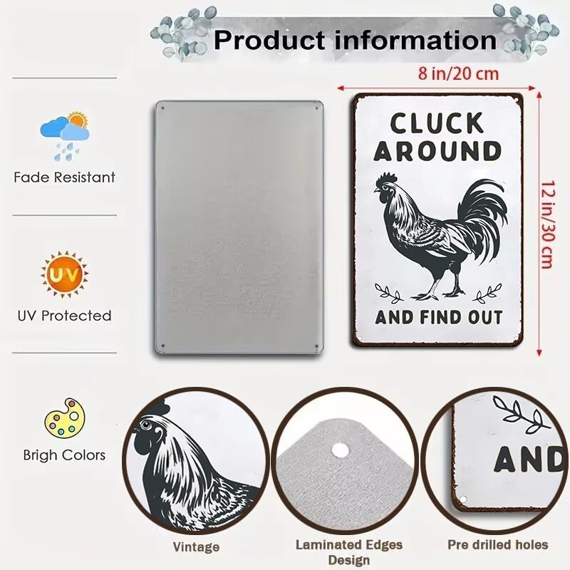 Smilelife Funny Chicken Gifts Chicken Cluck Around and Find Out Tin Sign for Home Farm Chicken Coop Farmhouse Kicthen Garden Decor 8 X 12 Inch (3020) Smilelife