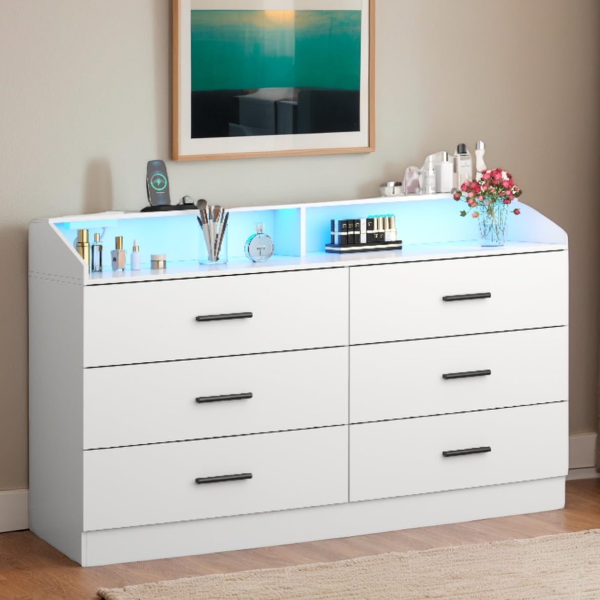 White Dresser for Bedroom, 6 Drawer Dresser with Charging Station, Chests of Drawers with LED Lights, Modern Double Dresser, Storage Cabinet with Drawers for Living Room, Hallway Loomie