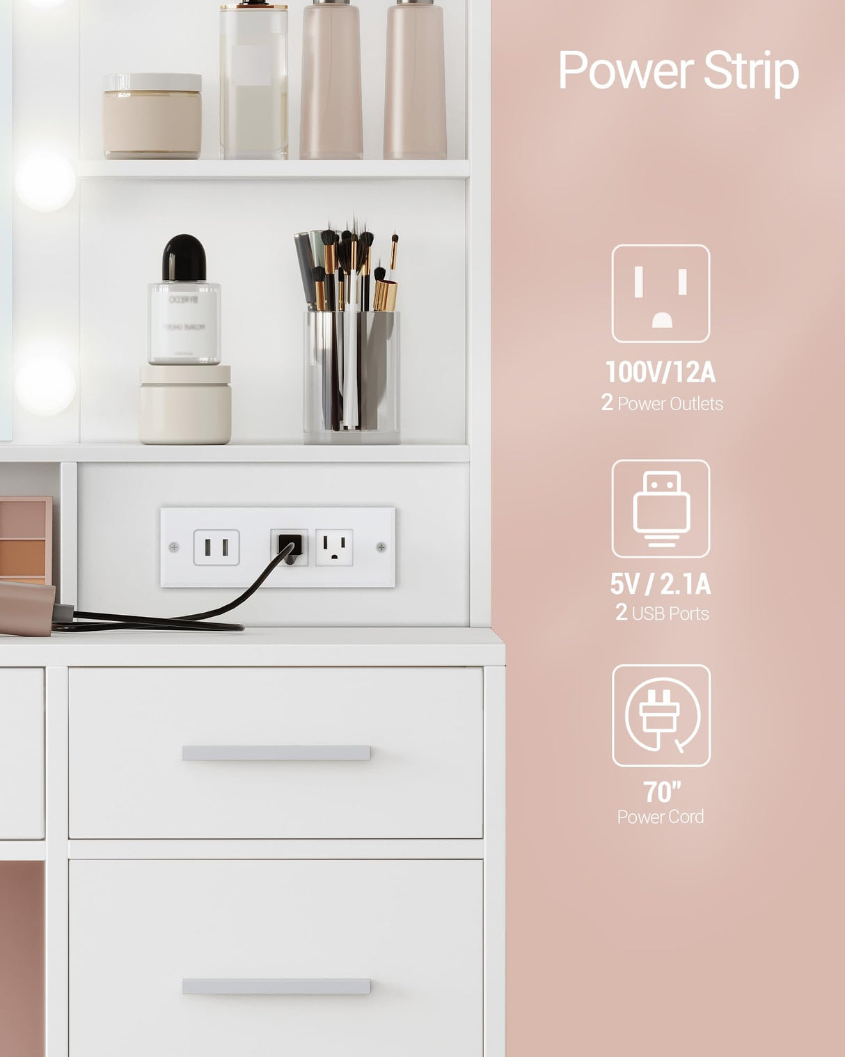 HILINSIE Vanity Desk with Large HD Mirror, Makeup Vanity with Led Lights, Dressing Table with Power Strip, 6 Storage Shelves, 5 Drawers and Side Open Storage, Simple, White HILINSIE