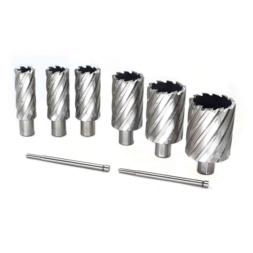 Annular Cutter Set 6pcs JESTUOUS 3/4 Inch Weldon Shank 2 Inches Cutting Depth 1 to 2 Cutting Diameter Two Flat HSS Slugger Bits for Drill Press with 2 Pilot Pins JESTUOUS