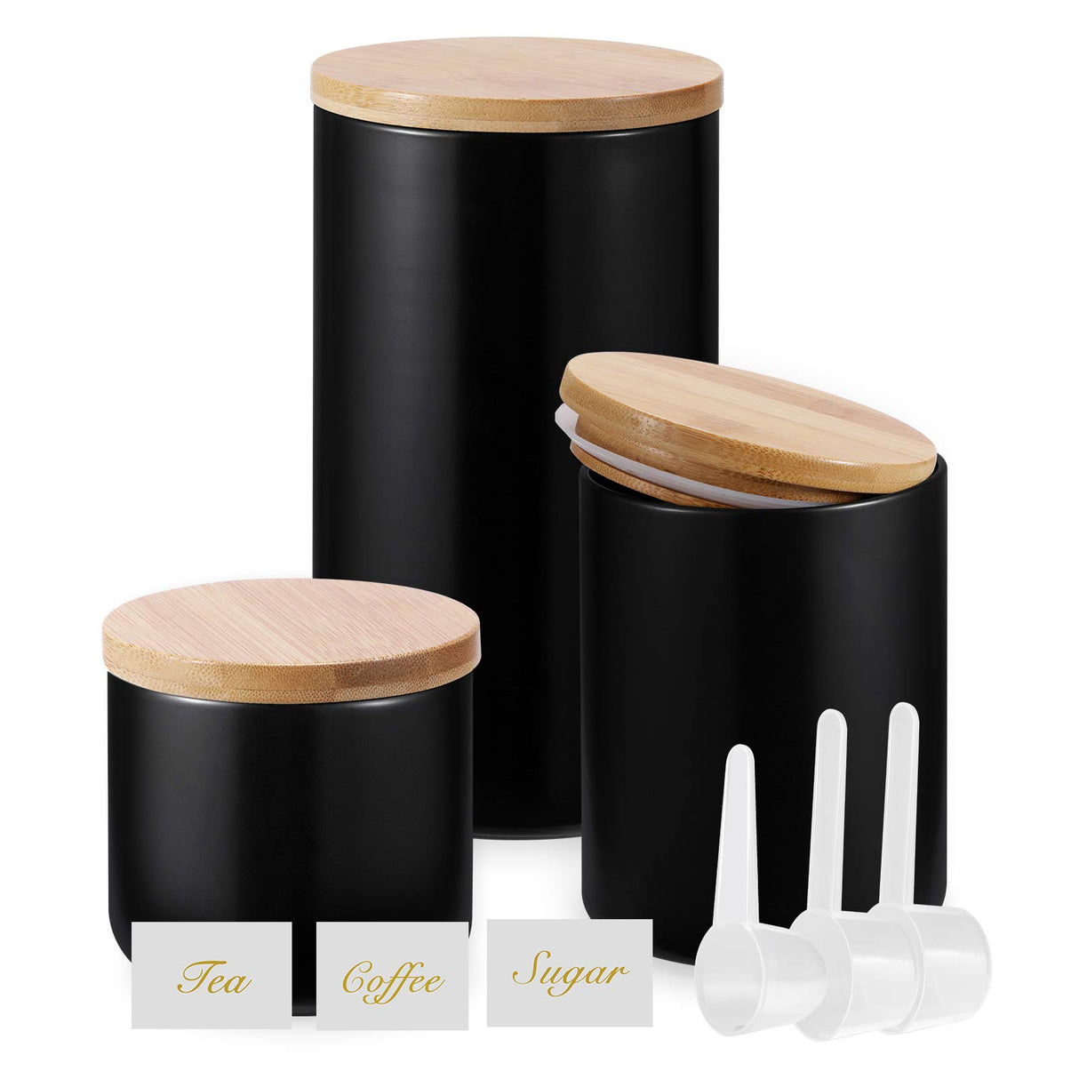 Yangbaga Black Canisters Sets for Kitchen-Set of 3 Coffee Canisters for Countertop with Airtight Wood Lids/Spoons/Stickers, Ceramic Food Storage Containers for Large Suger,Coffee,Tea (42/30/9OZ) Yangbaga