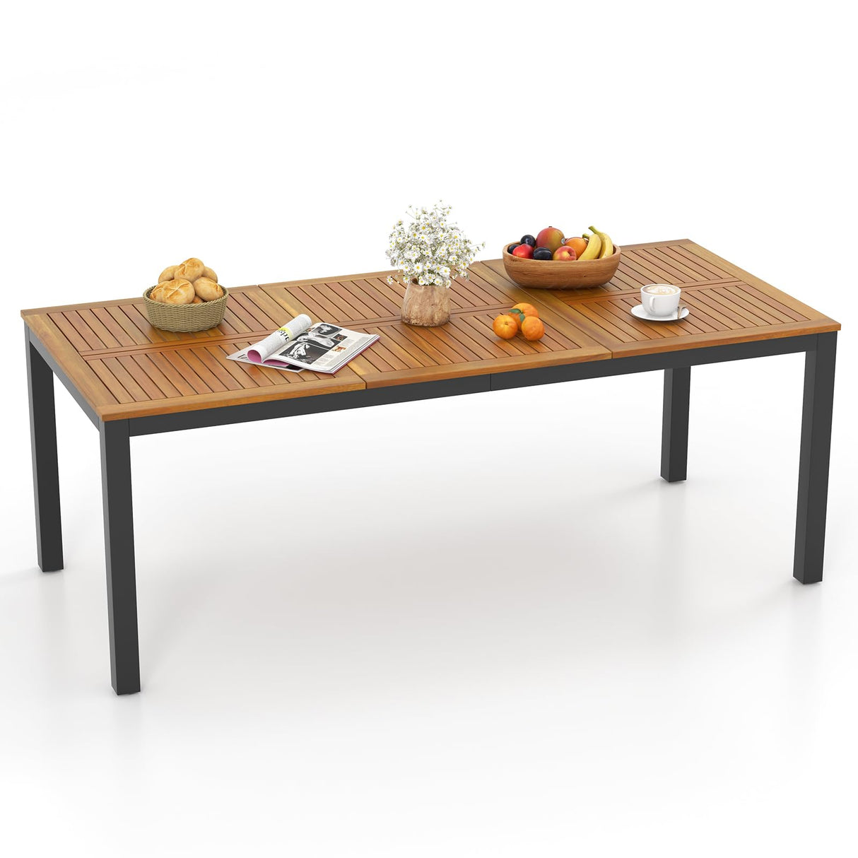 Tangkula 8-Person Outdoor Dining Table, 79 Inch Acacia Wood Patio Table with Umbrella Hole, Metal Legs & Adjustable Foot Pads, Farmhouse Bistro Table for Garden, Poolside & Backyard Tangkula