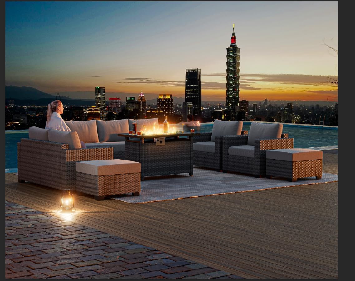 WELYAS Outdoor Patio Furniture Set with 44'' Fire Pit Table Sofa Chair Ottoman, 10 Pieces 9 Seat Oversize All Weather Rattan Classic Patio Conversation Sectional Set for Outside Porch Deck WELYAS