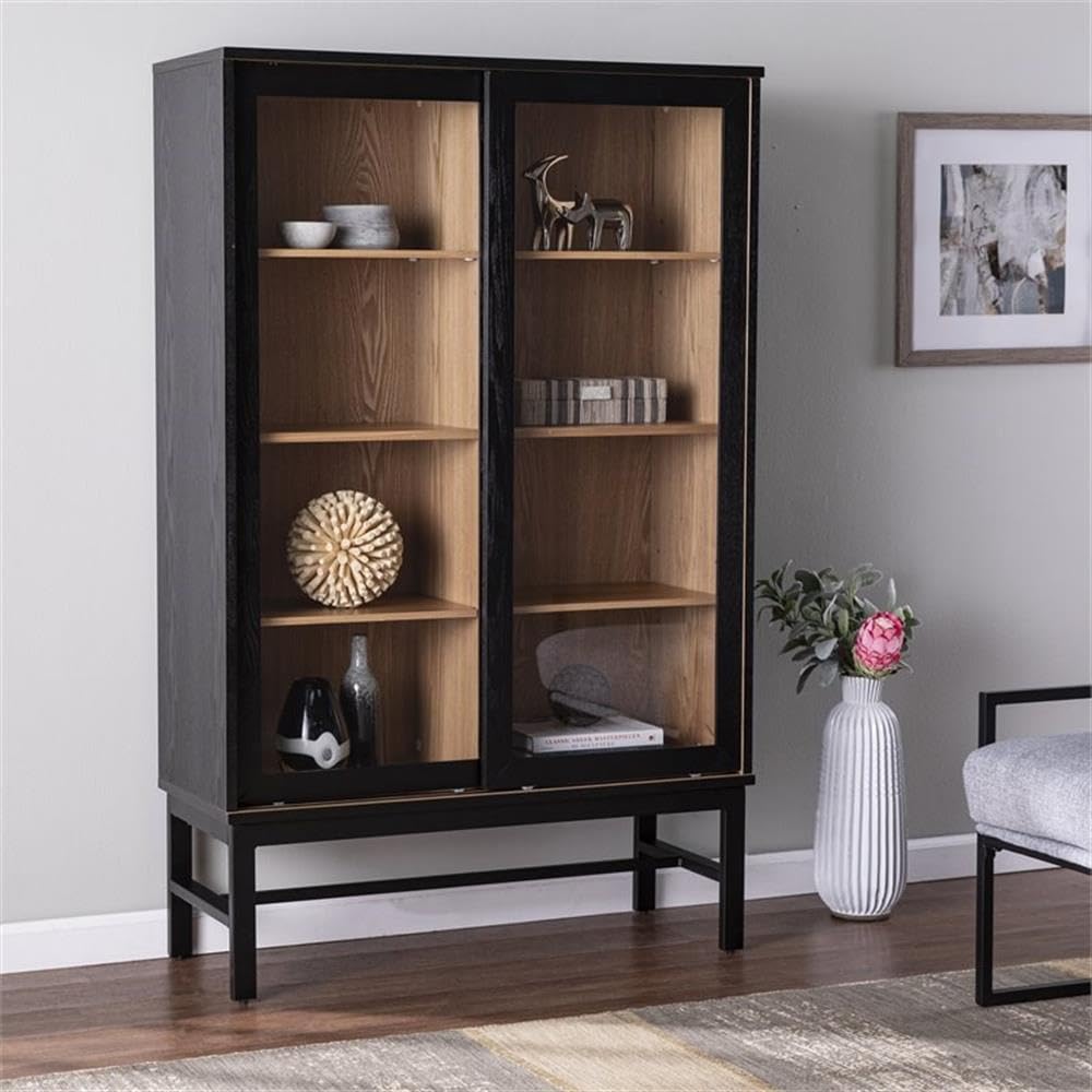 MAKLAINE Farmhouse Engineered Wooden Curio Cabinet in Black and Natural MAKLAINE
