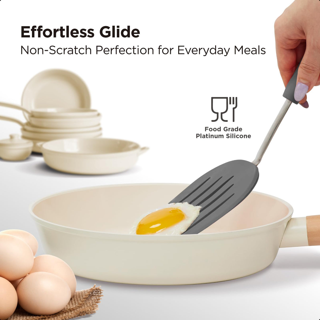 Kitchen Mama WaltzGrip Platinum Silicone Pancake Spatula Turner: Heat-Resistant, Slotted Tapered Head, Stainless Steel Core, Durable, Dishwasher-Safe, Ideal for Flipping and Wok Use (Metal Gray) Kitchen Mama