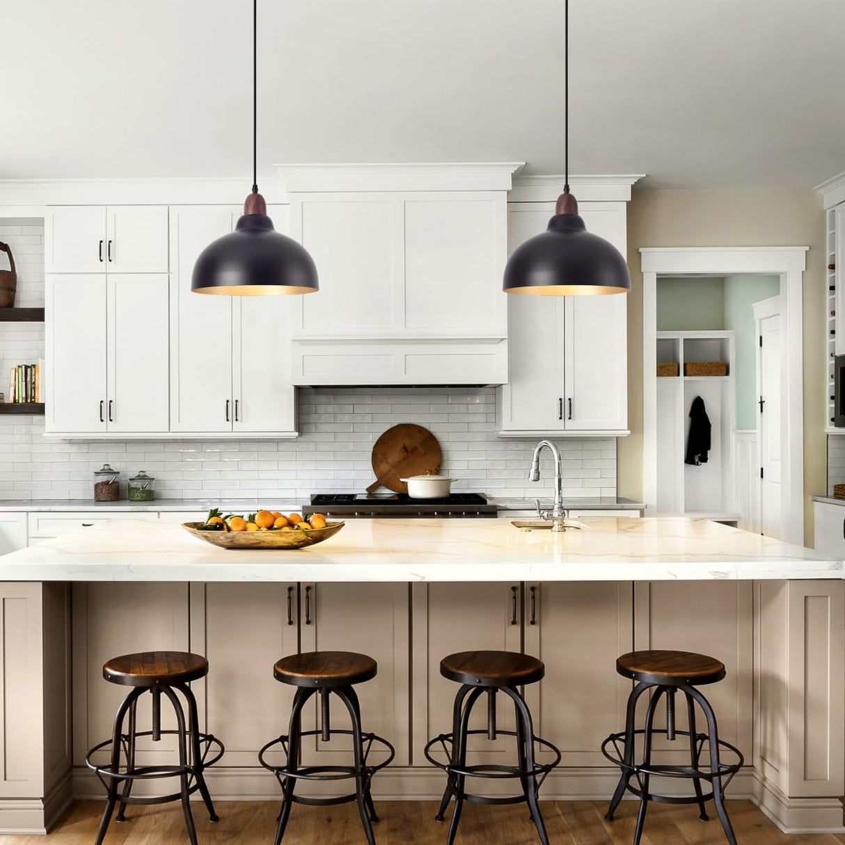 Set of 2 Pcs 11.8" Black Dome Pendant Light, Farmhouse Modern Black and Wood Hanging Pendant Lights Kitchen Island, Vintage Pendant Light Large Dome Chandelier for Kitchen Island, Dining Room Ziqqeelam