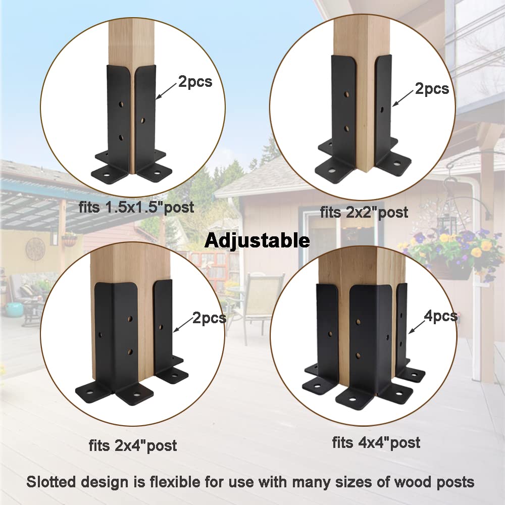 Wpbhk 4Pcs Adjustable Deck Post Anchor Base Brackets Fit 1.5x1.5,2x2,2x4,4x4 Post,Heavy Duty Reversible Wood Fence Post Base Brackets kit for Pergola Railing Mailbox Wpbhk