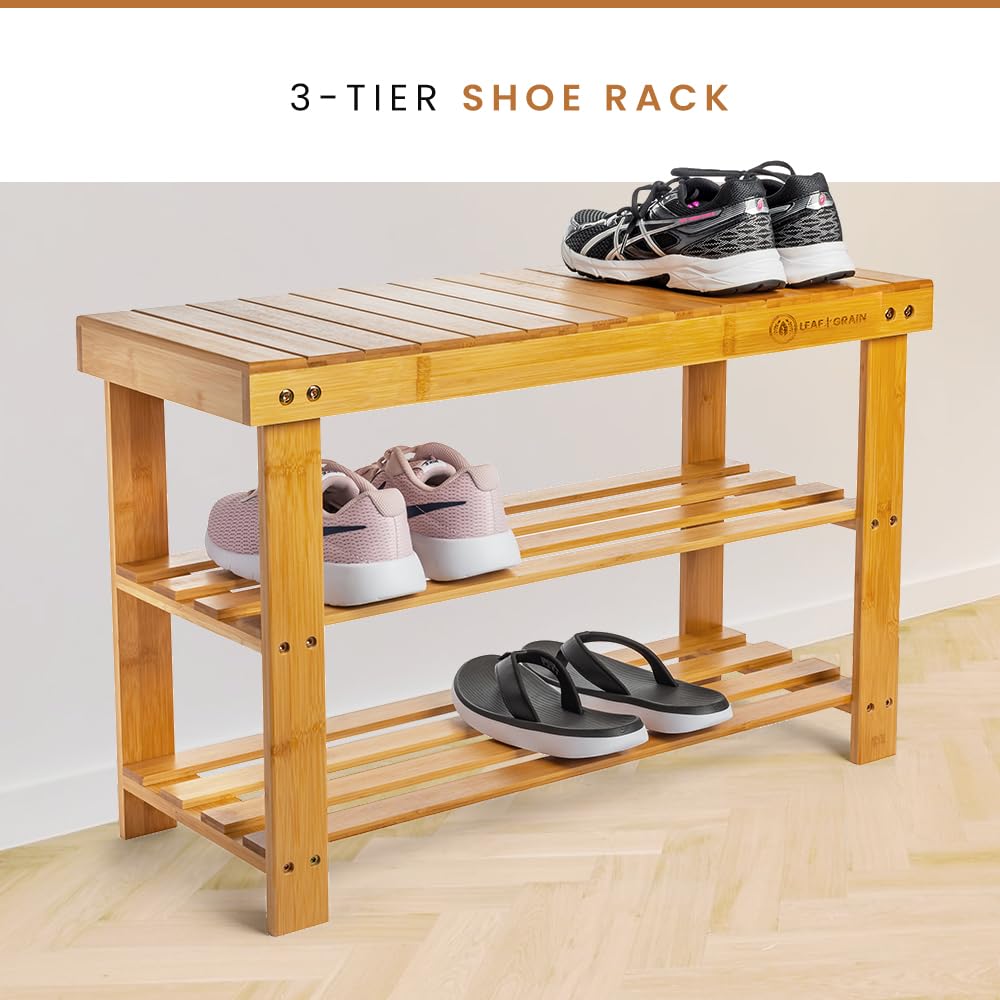 Leaf & Grain Bamboo Shoe Rack - Shoe Storage Bench for Front Door Entrance - Entryway Bench with Shoe Shelf, Shoe Storage Organizer, Wooden Shoe Rack, Durable Shoe Bench for Home (Natural) Leaf & Grain