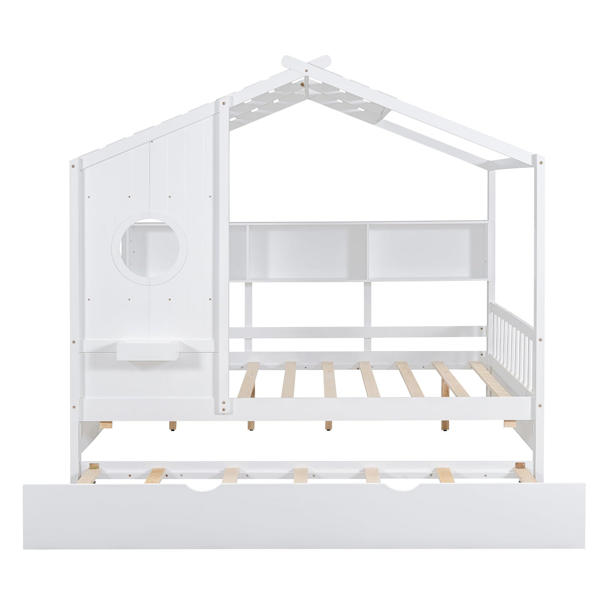Harper & Bright Designs Kids Full Size House Bed with Trundle & Storage Shelf, Wood Full Size Platform Bed Frame with Roof, House Bed for Boys, Girls, White Harper & Bright Designs