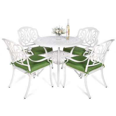 VIVIJASON 5-Piece Patio Furniture Dining Set, All-Weather White Cast Aluminum Outdoor Conversation Set, Include 4 Cushioned Chairs and a 35.4" Round Table w/Umbrella Hole for Balcony Lawn Garden