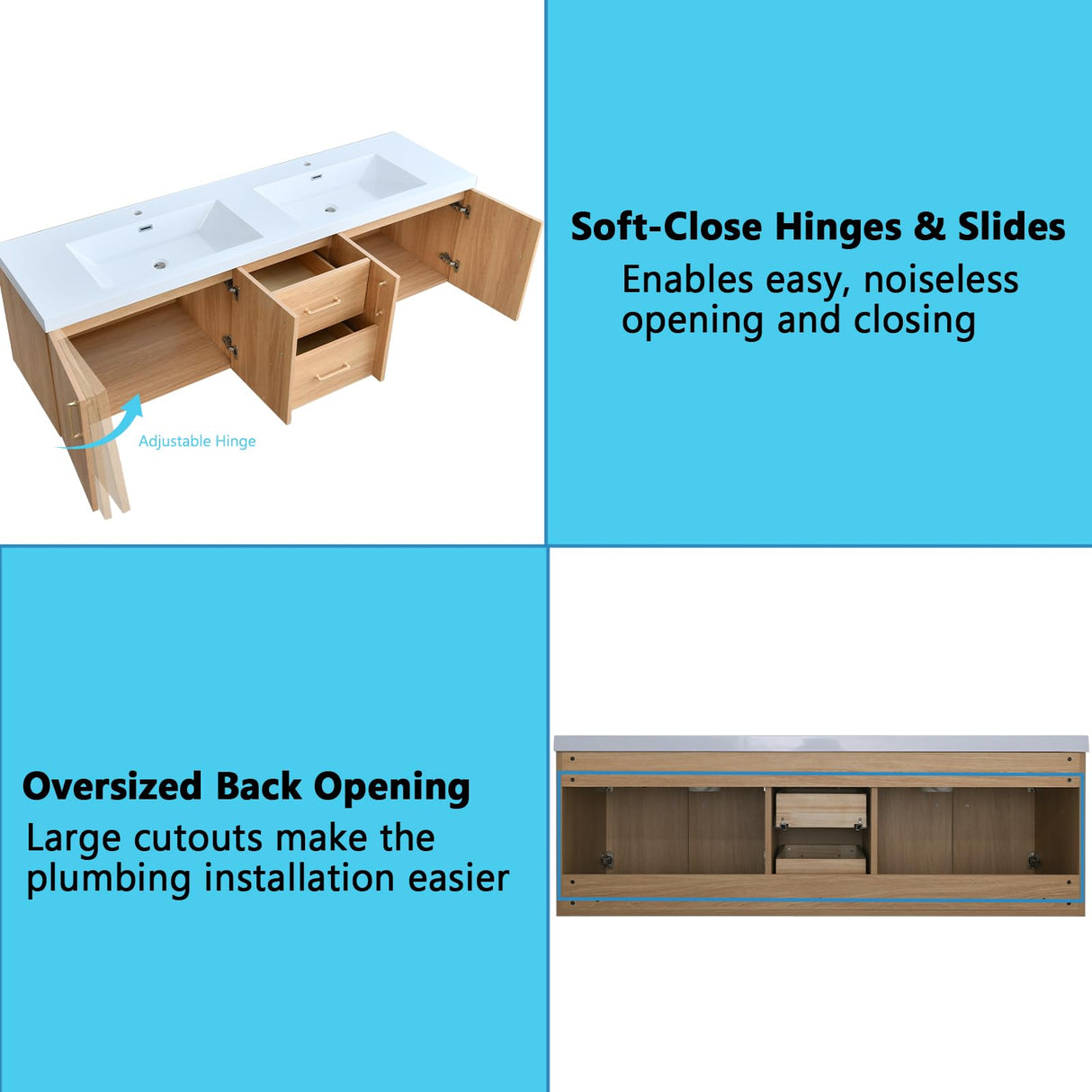 Dornberg 72" Floating Bathroom Vanity with Sink, Natural Oak Wall Mounted Bathroom Vanity with Integrated Double Sinks Combo, Single Sink Bath Vanity Set, Full Assembled Dornberg