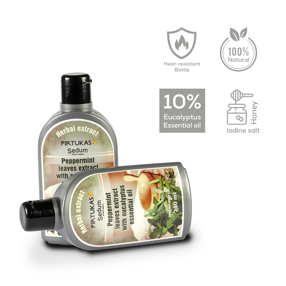 Sedum Natural Herbal Extract for Sauna, Massage, Broom Soaking - Sauna Infusion with Peppermint Leaves Extract with Eucalyptus Essential Oil, Honey and Iodine Salt - 240ml Sedum