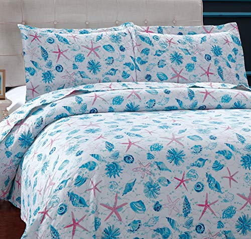 Pink Starfish & Aqua Twin Size Beach Quilt Set - Reversible & Lightweight Bedding - Collection with Coverlet Jessy Home