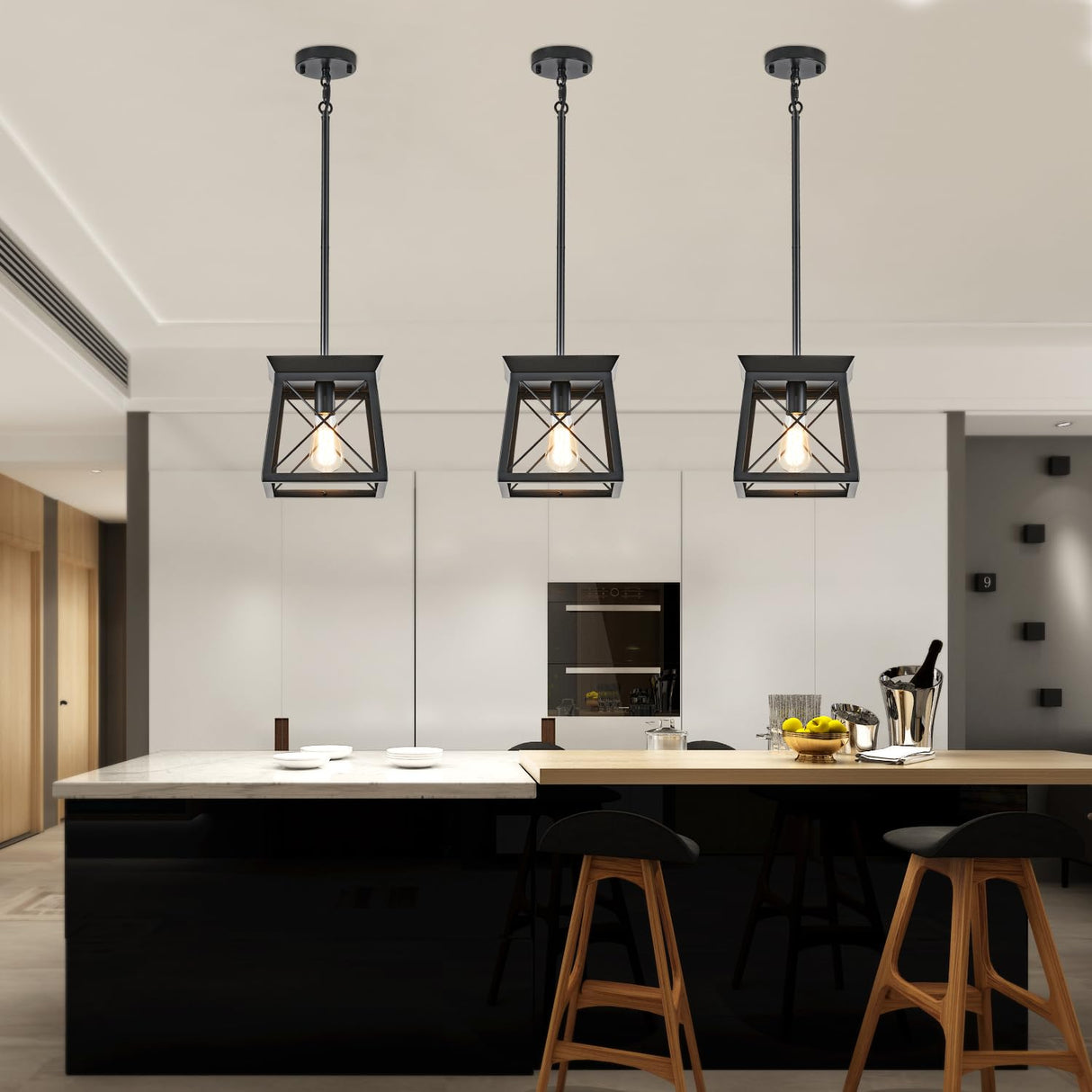 HuixuTe Black Farmhouse Pendant Lights, Industrial Kitchen Island Lighting, Rectangle Linear Cage Chandeliers for Kitchen, Dining Room Table HuixuTe