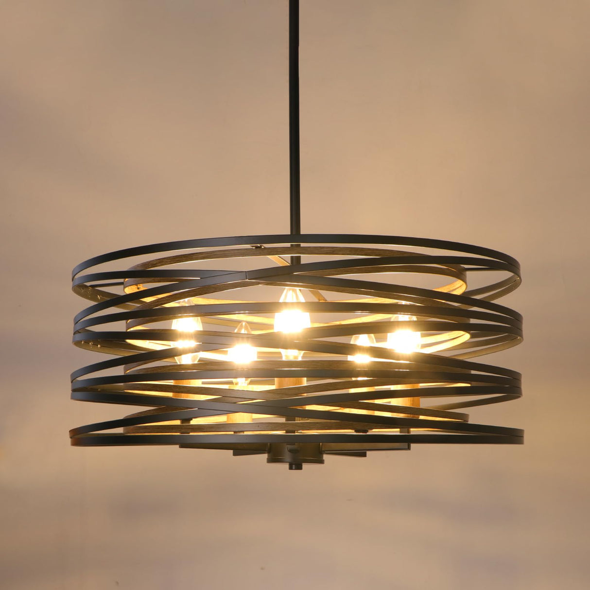 WBinDX 5-Light Drum Chandelier, 18.9'' Black Faux Wood Metal Farmhouse Dining Room Light Fixture, Rustic Industrial Retro Hanging Round Chandeliers for Kitchen Table Foyer Entryway Living Room WBinDX