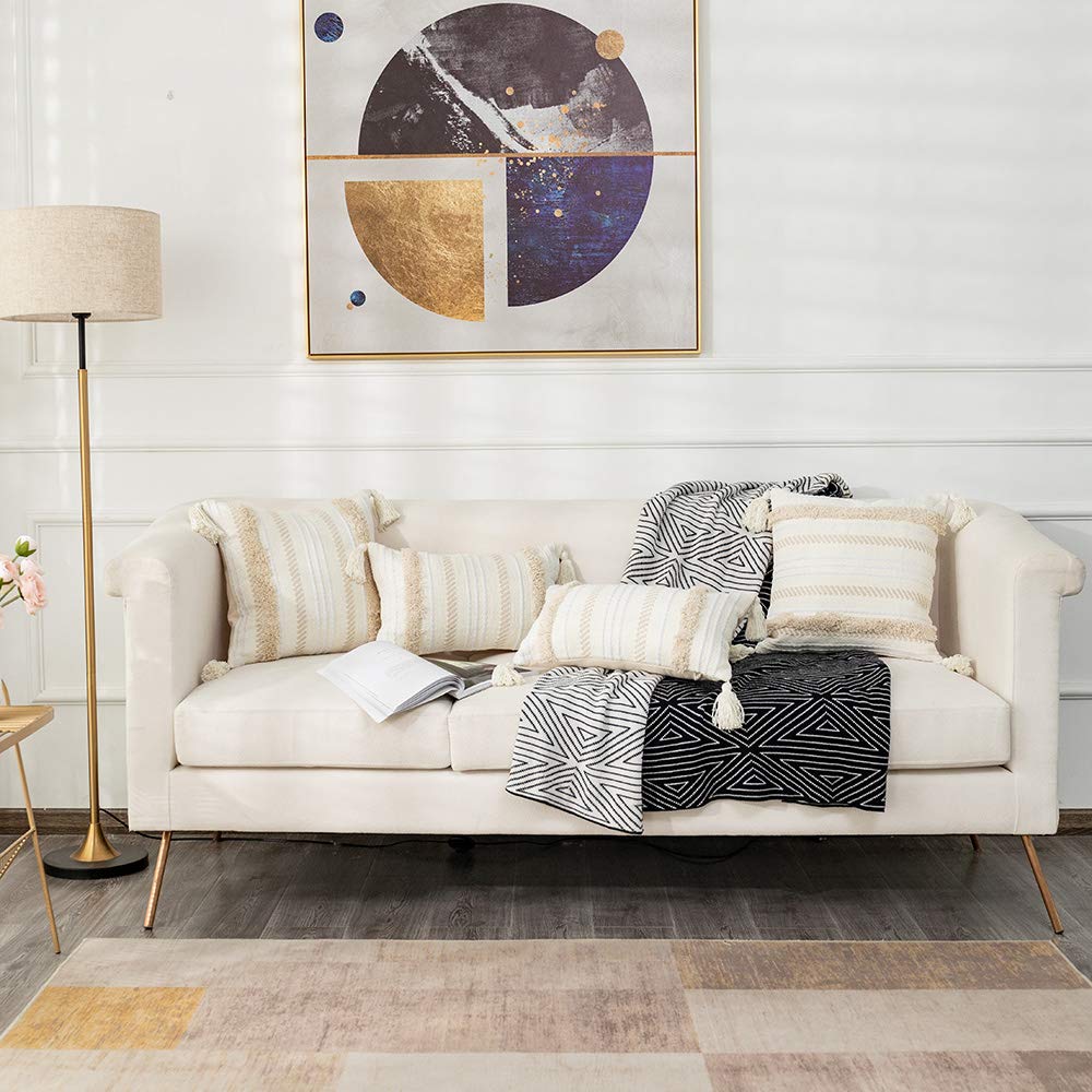 OJIA Lumbar Decorative Boho Throw Pillow Cover, 12 x 20 Farmhouse Cute Pillowcase Minimalist Neutral Collection Cream White Tufted with Tassels Woven Cushion Cover for Sofa Couch Bedroom Living Room OJIA