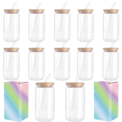 ABBSH Sublimation Glass Blanks, Sublimation Clear Glass Tumbler 16OZ, Sublimation Beer Can Glass, Frosted sublimation Glass Cups With Bamboo Lids And Straws 12Pack