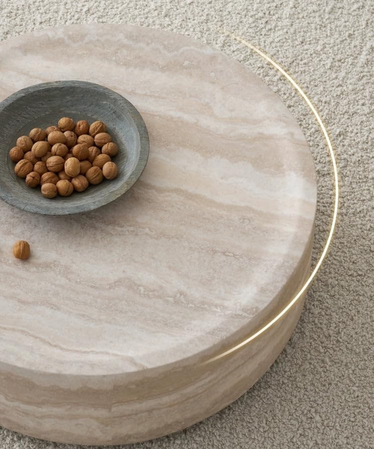 KEIKI 35" Round Fiberglass Coffee Table with Faux Mars Pattern, Modern Style Circle Coffee Table with Faux Travertine Textured, No Assembly Required, for Living Room, Bedroom, Reception Room, Marble KEIKI