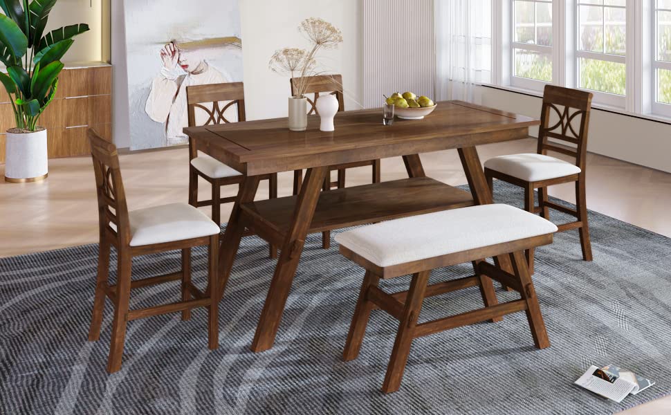 Kitchen Dining Table Set 6 Piece Wooden Counter Height Dining Table Set with Storage Shelf, Rectangular Dining Table with 4 Upholstered Chairs and 1 Bench, Rustic Style, Walnut with Beige Cushion Merax