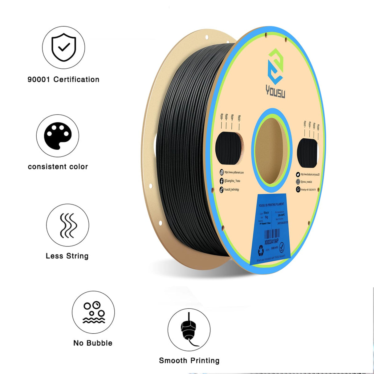 YOUSU Polypropylene PP Filament, 1.75mm 3D Printer Filament for 3D Printing, 1kg(2.2lbs) 5pcs Build Sheet Included, Semi-Flexible Ultra Tough Filament, Black Yousu