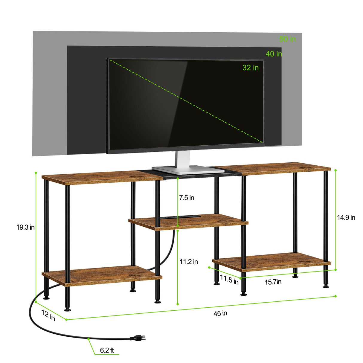 TV Stand for Bedroom 50 Inch TV Stand with Power Outlet 3 Tier Entertainment Center with Storage TV Console Table for 50 43 40 32 Inch TV, Rustic Brown Luplom