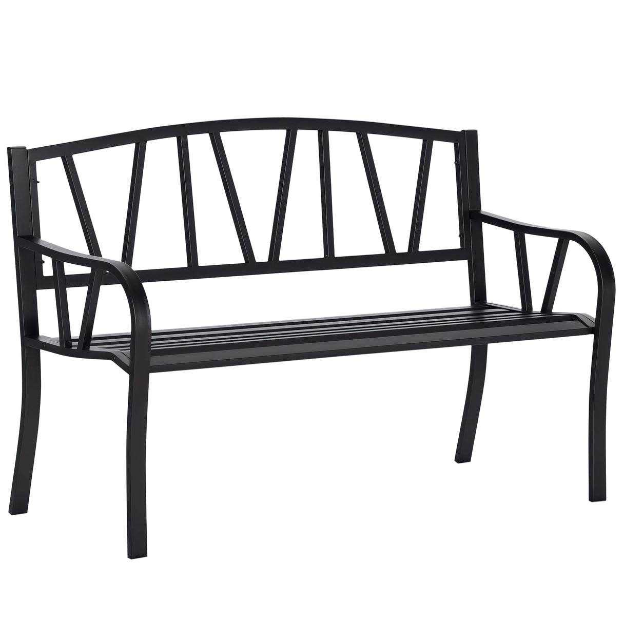 Outsunny 50" Outdoor Bench, Metal Garden Bench with V-Shaped Pattern Backrest, Porch Bench with Slatted Seat for Park, Yard, Lawn, Black Outsunny