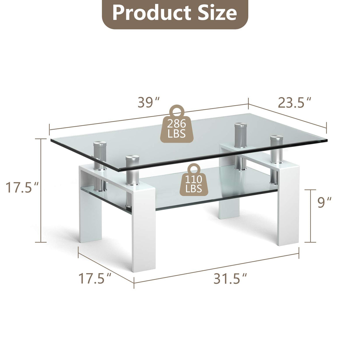 Tangkula Rectangular Glass Coffee Table, Modern Side Coffee Table w/Lower Shelf, Tempered Glass Tabletop & Metal Legs, Suitable for Living Room Office (White) Tangkula