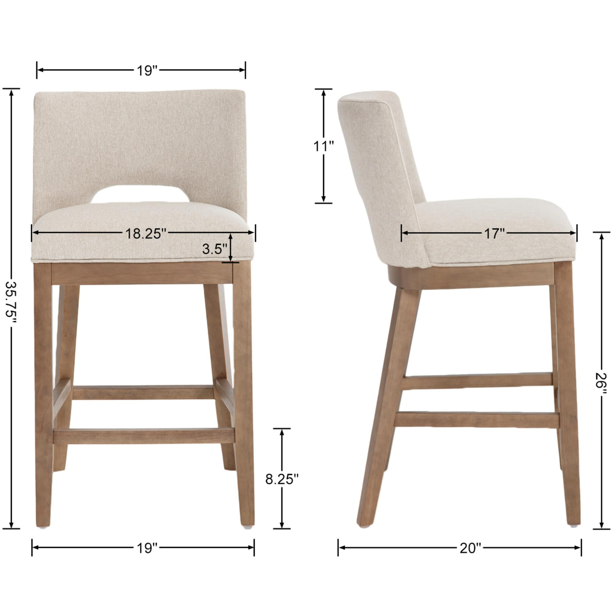 DM Furniture Farmhouse Bar Stools Set of 4, 26" Counter Height Barstools, Linen Upholstered Barstools with Open Back for Kitchen Island/Breakfast Bar/Home Pub, Beige DM Furniture