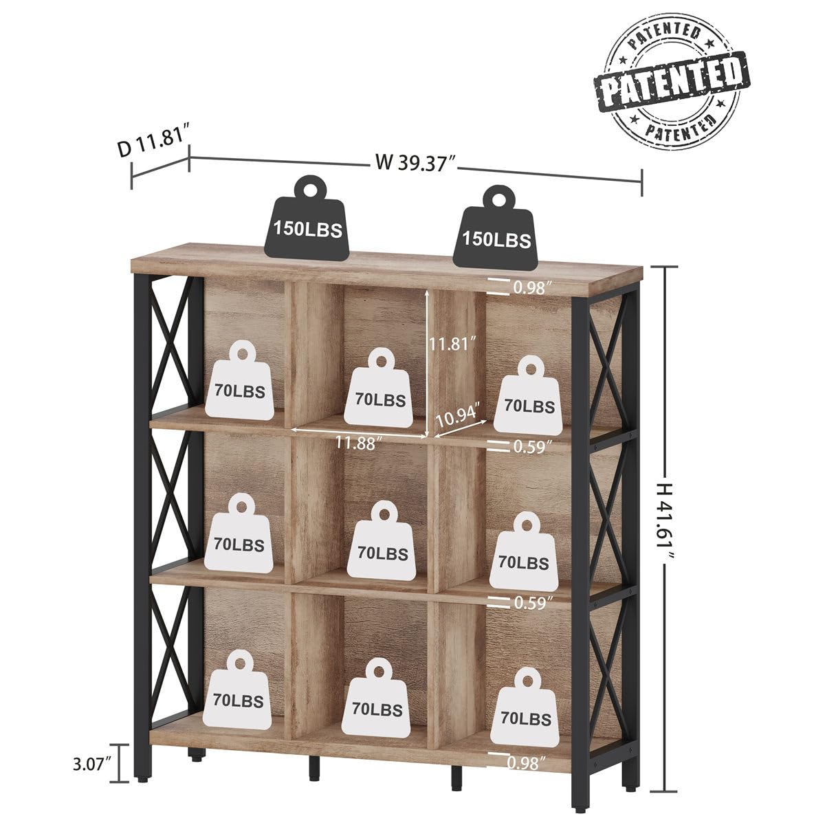 FATORRI 9 Cube Storage Bookshelf, Industrial 4 Shelf Book Shelf, Farmhouse Wood and Metal Cubby Bookcase for Home Office (39.37" W, Rustic Oak) FATORRI