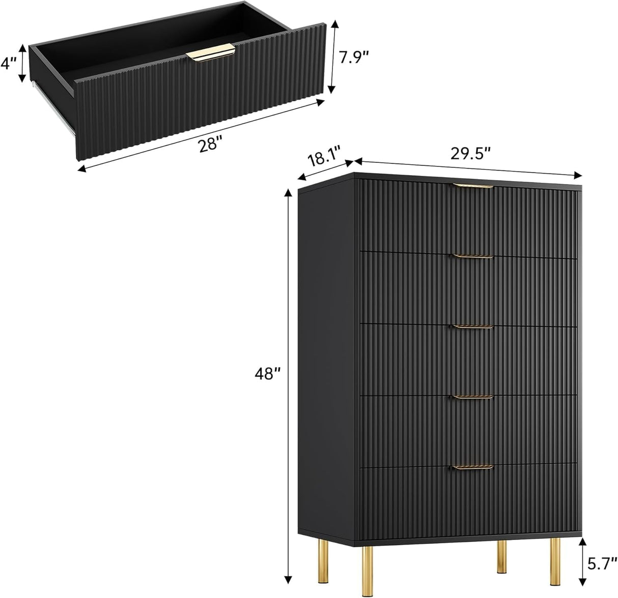 Garveehome Black Dresser, Modern 5 Drawer Dresser for Bedroom with Gold Handle and Large Drawer, Wood Double Chest of Drawers and Storage Organizer for Living Room, Hallway, Entryway Garveehome
