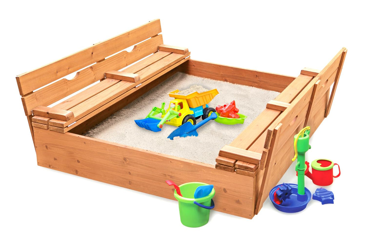 Badger Basket Original Wooden Cedar Sandbox with Built-in Bench Seats and Cover - Heavy Duty Outdoor Play Equipment (Natural/Natural) Badger Basket