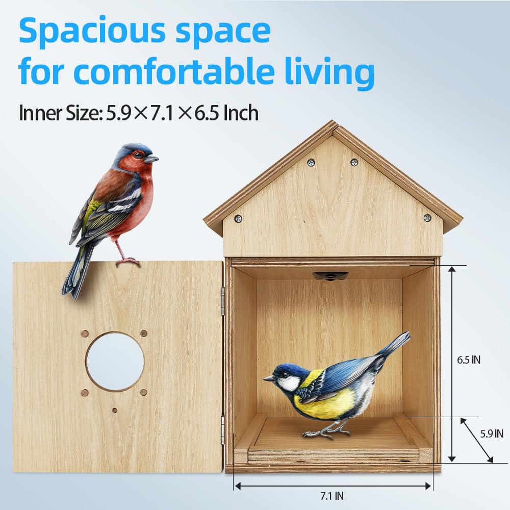 Bird House with WiFi Camera Solar Powered for Wireless Outdoors, HD View Nesting & Hatching, Box House for Bluebird Swallow Wren Chickadee, PIR Detection, SD Card & Cloud Storage, IR Night Vision IP65 Topodome