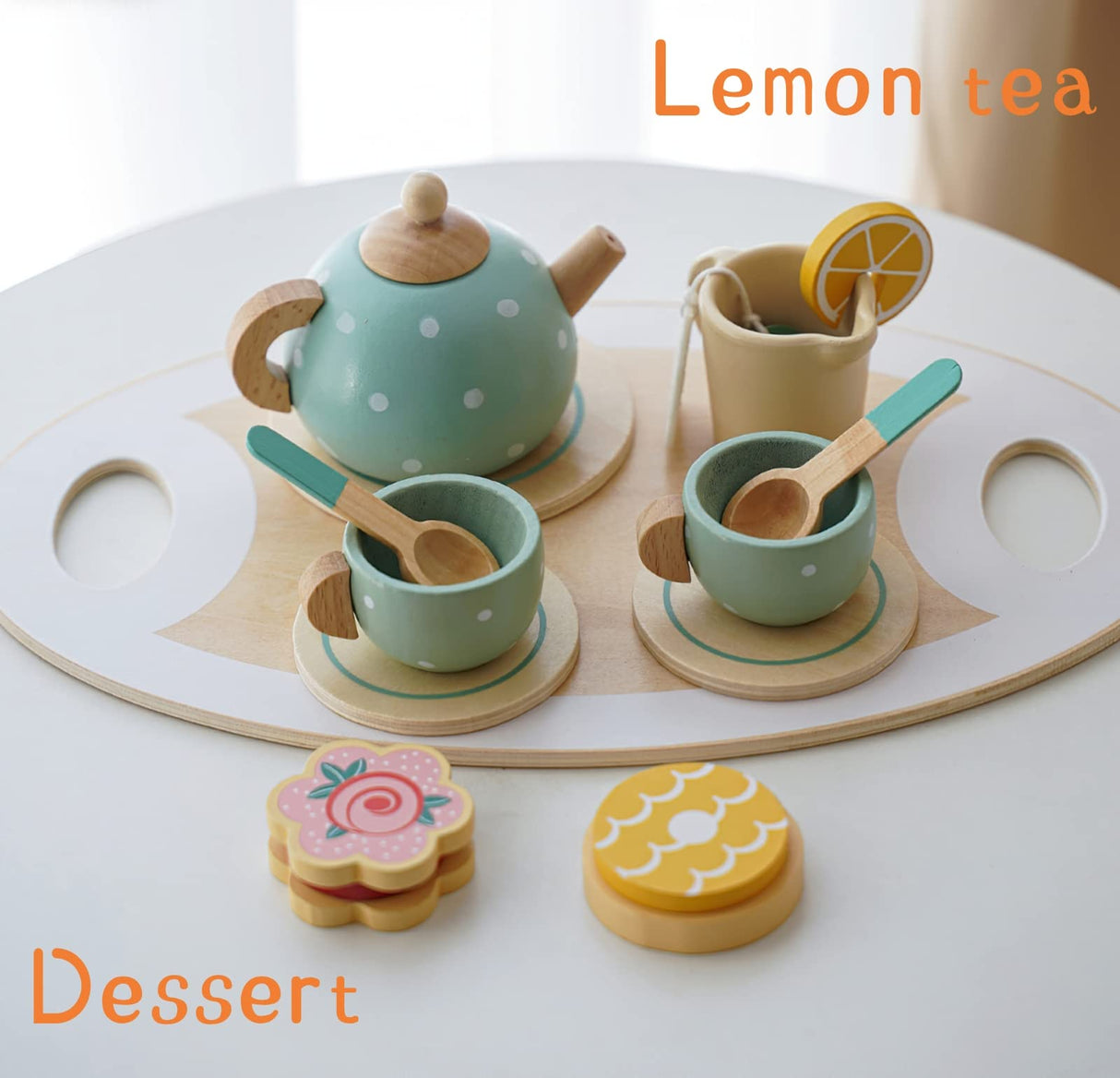 Wooden Tea Party Set for Little Girls Toys, Pretend Play Kids Tea Set for Toddlers Wood Toys, Wooden Play Food Kitchen Accessories Sets for Kid MIKNEKE