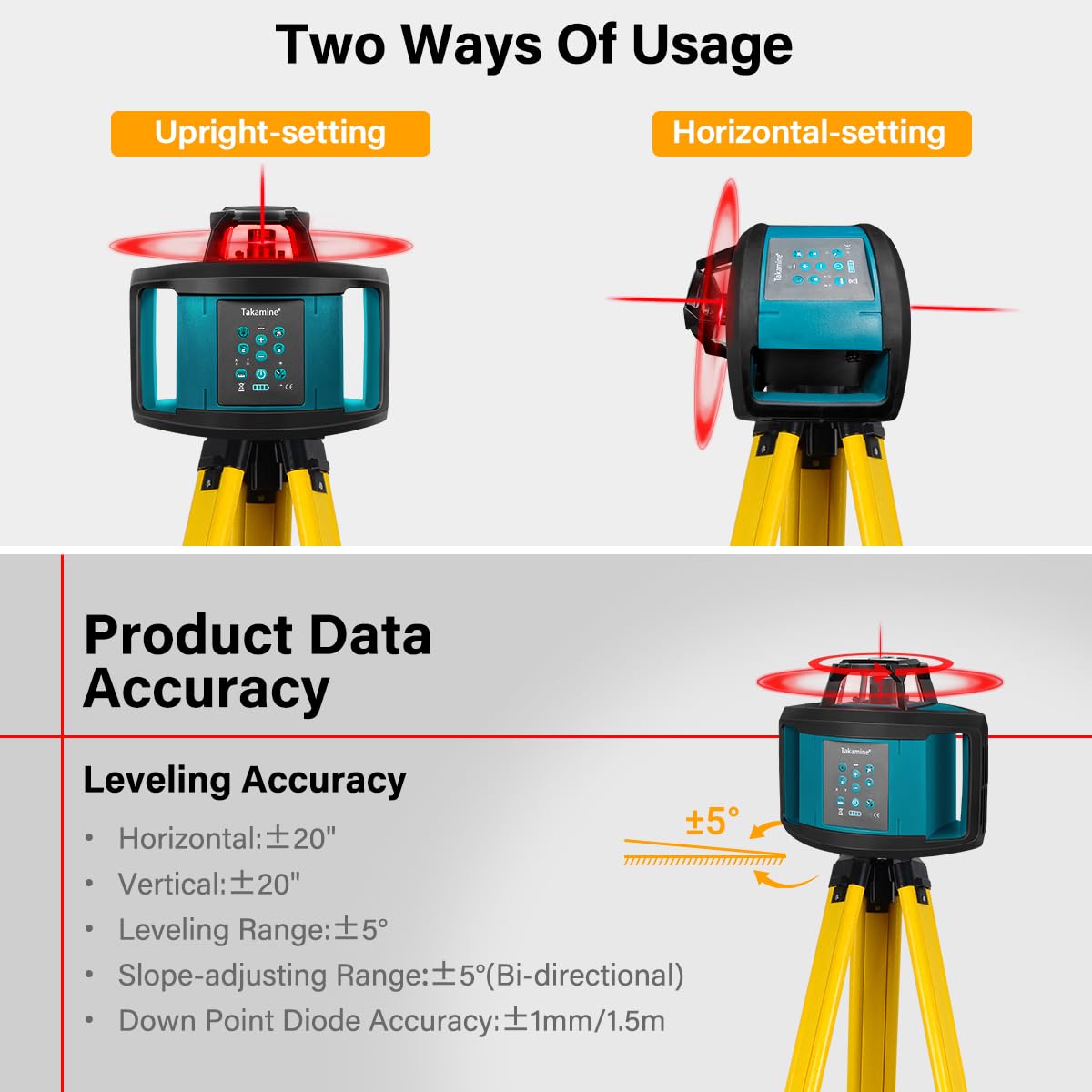 Takamine Rotary Laser Level Kit, Red Beam 635nm Wavelength, 800M Measuring Range, Horizontal/Vertical Self-Leveling, 5 Scan Angle and Rotation Speed Adjustment, Includes Remote Control, Receiver. Takamine