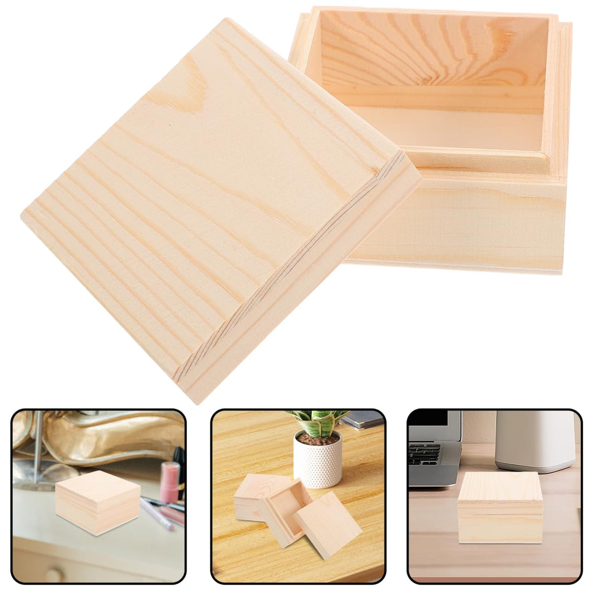 Luxshiny Unfinished Wood Box, 2pcs Square Wooden Treasure Box Small Blank Jewelry Trinket Box Natural DIY Craft Stash Organizer Storage Box for Collectibles Succulent Luxshiny