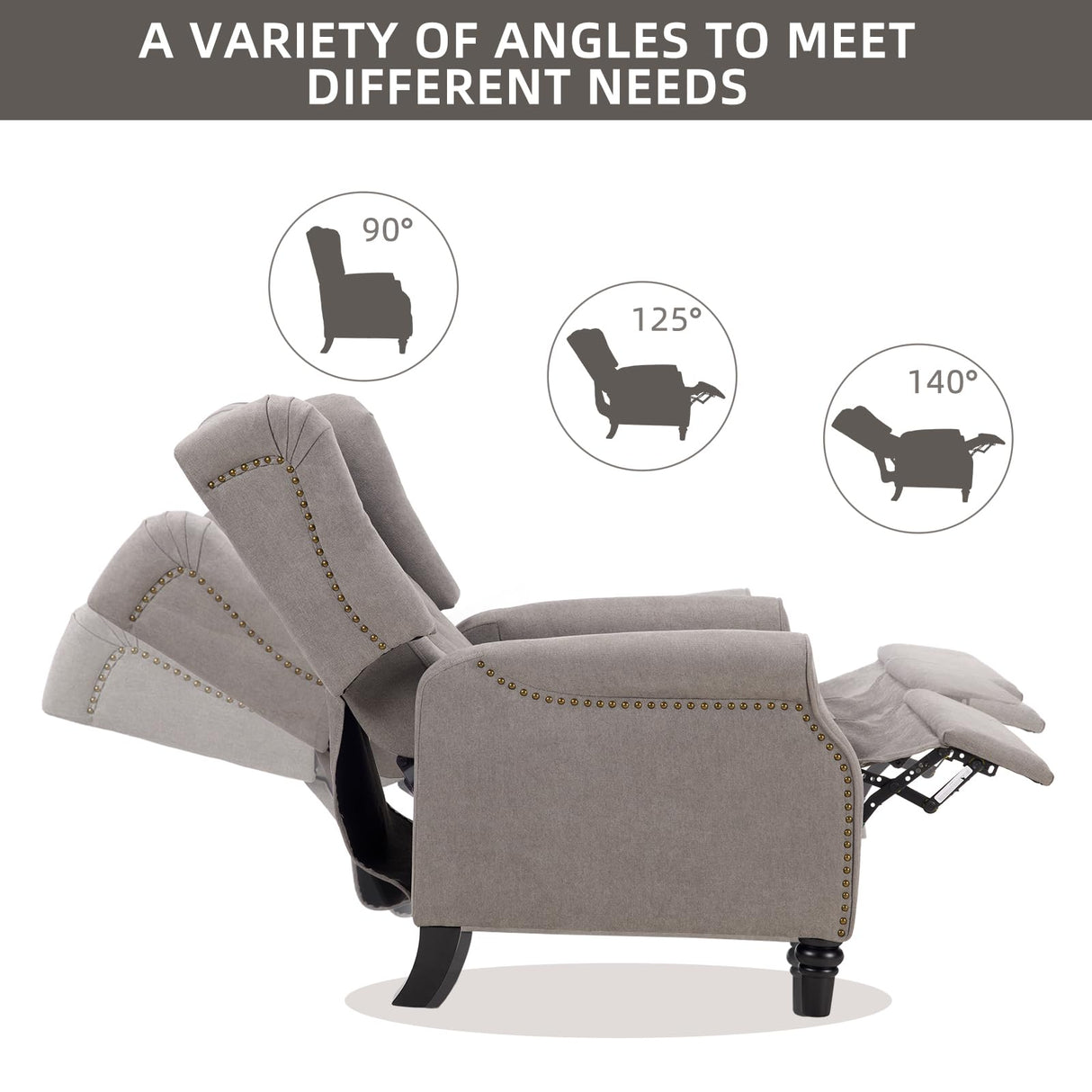 CANMOV Push Back Recliner Chair, Accent Chair,Mid Century Wingback Recliner, Fabric Push Back Recliner Chair Single Armchair Sofa with Rivet Decoration,Button-Tufted Back for Living Room, Grey CANMOV