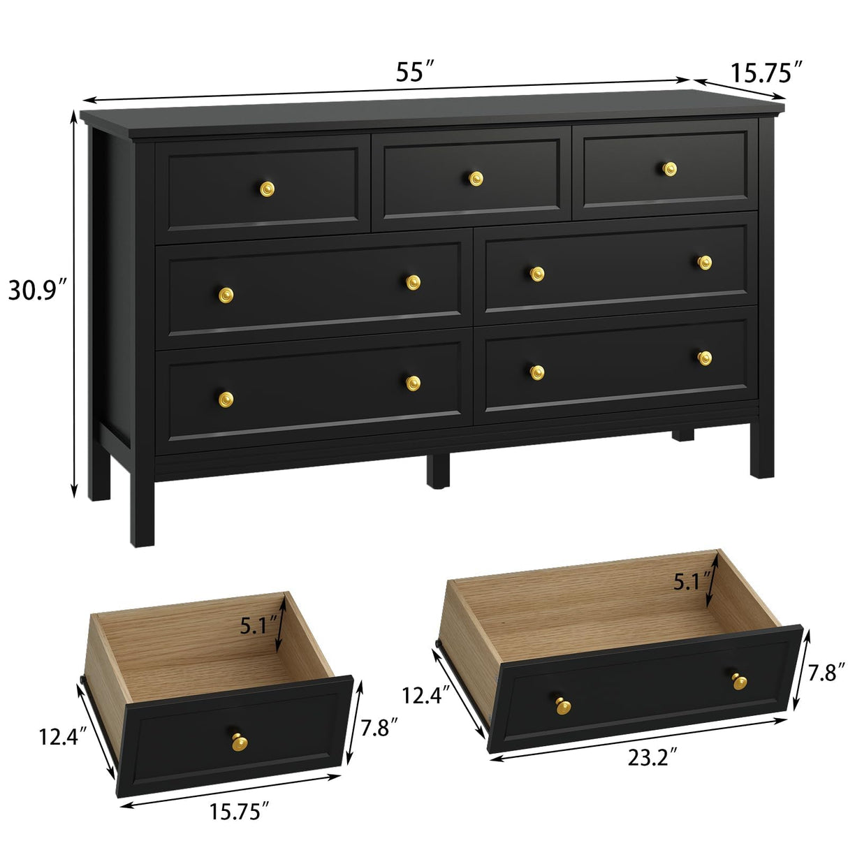 CARPETNAL Black Dresser for Bedroom, 7 Drawer Dresser with Wide Drawers and Gold Metal Handles, 55" Black and Gold Dresser TV Stand, Modern Dressers & Chests of Drawers for Hallyway, Entryway. CARPETNAL