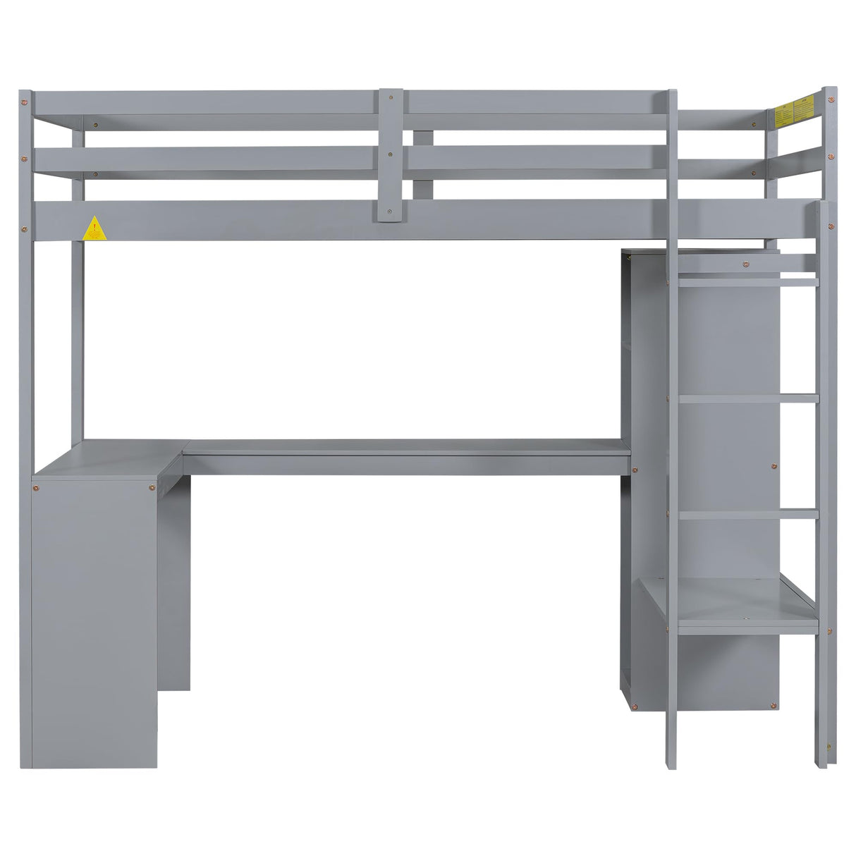 Janusline Twin Size Loft Bed Frame with Built-in L Shaped Desk, Wood Loft Bed with Wardrobe and Storage Shelves, Full-Length Guardrail & Ladder, Heavy Duty Lofts Beds for Teens Adults, Grey Janusline